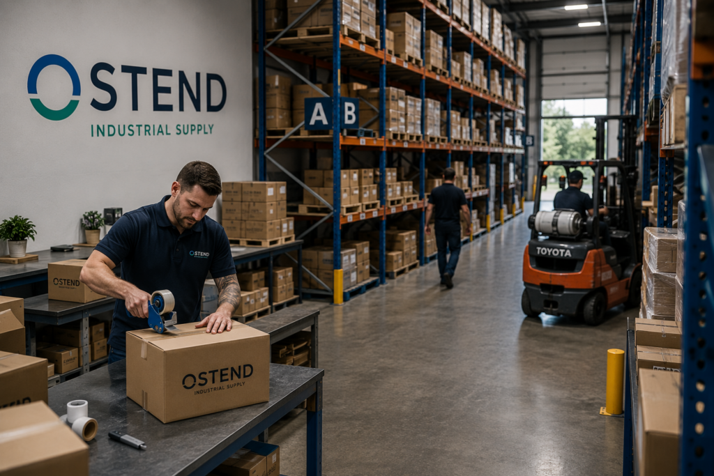 Worker preparing customer orders inside the Ostend Industrial Supply warehouse.